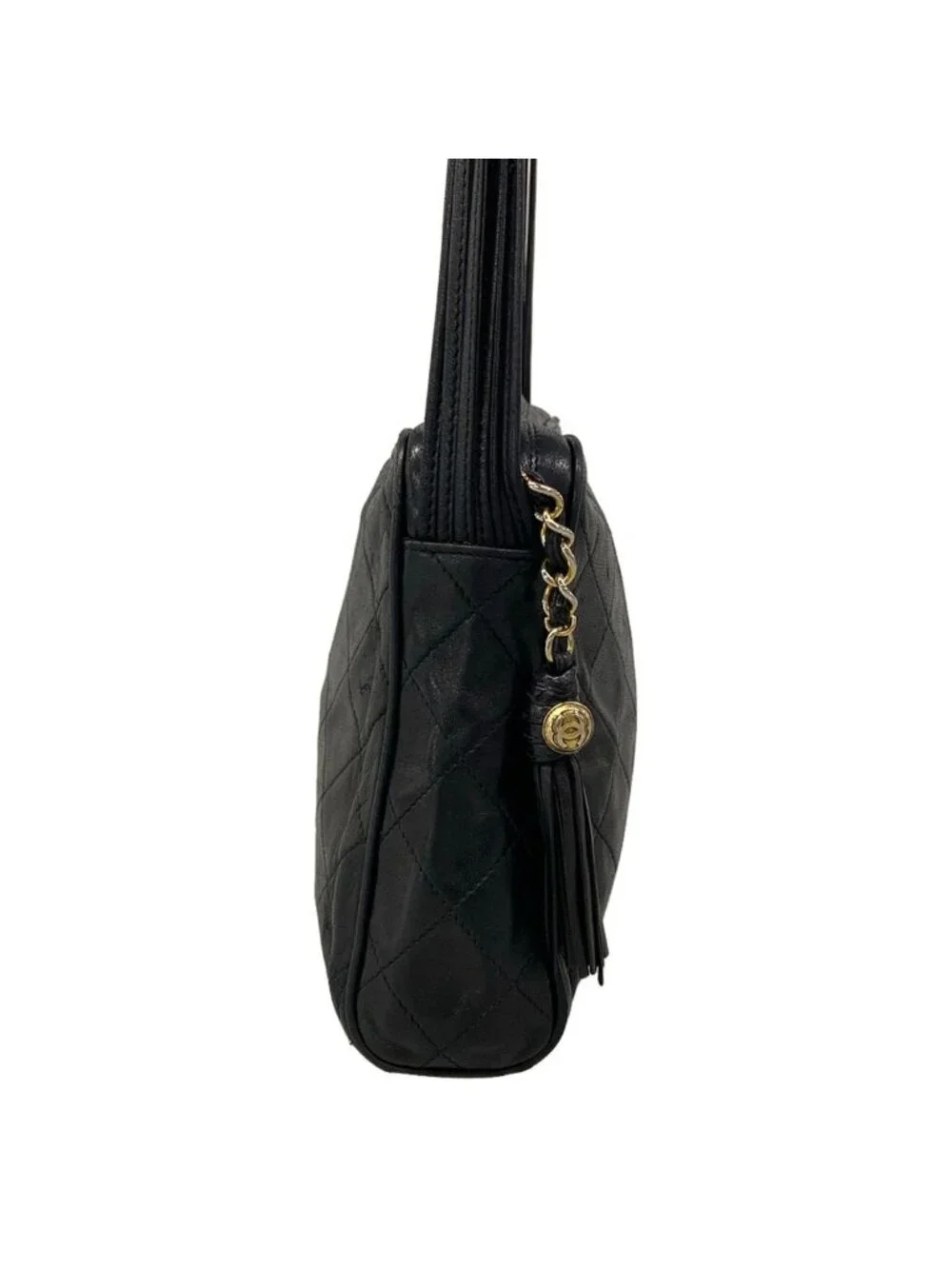Chanel Shoulder Bag Quilted Black Tassel Gold Lambskin
